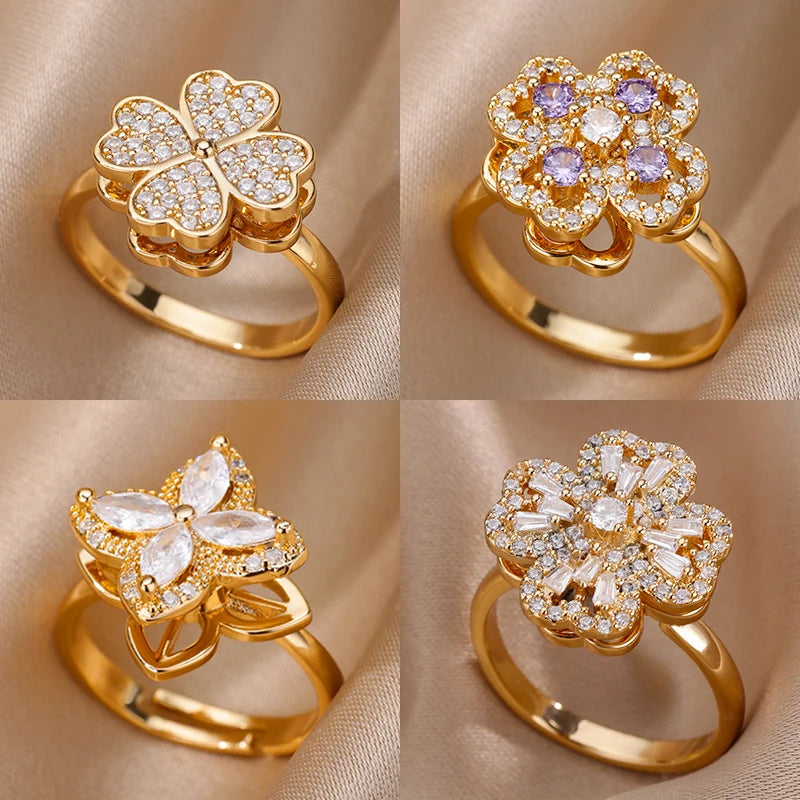 Anillo Giratorio Antiestrés "Lucky Flower" (Acero Inoxidable)