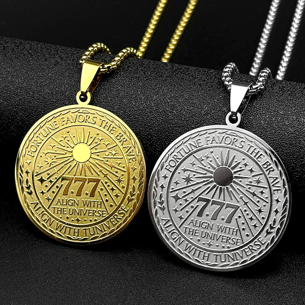 Collar con Colgante de Medalla Redonda con Número de la Fortuna 777