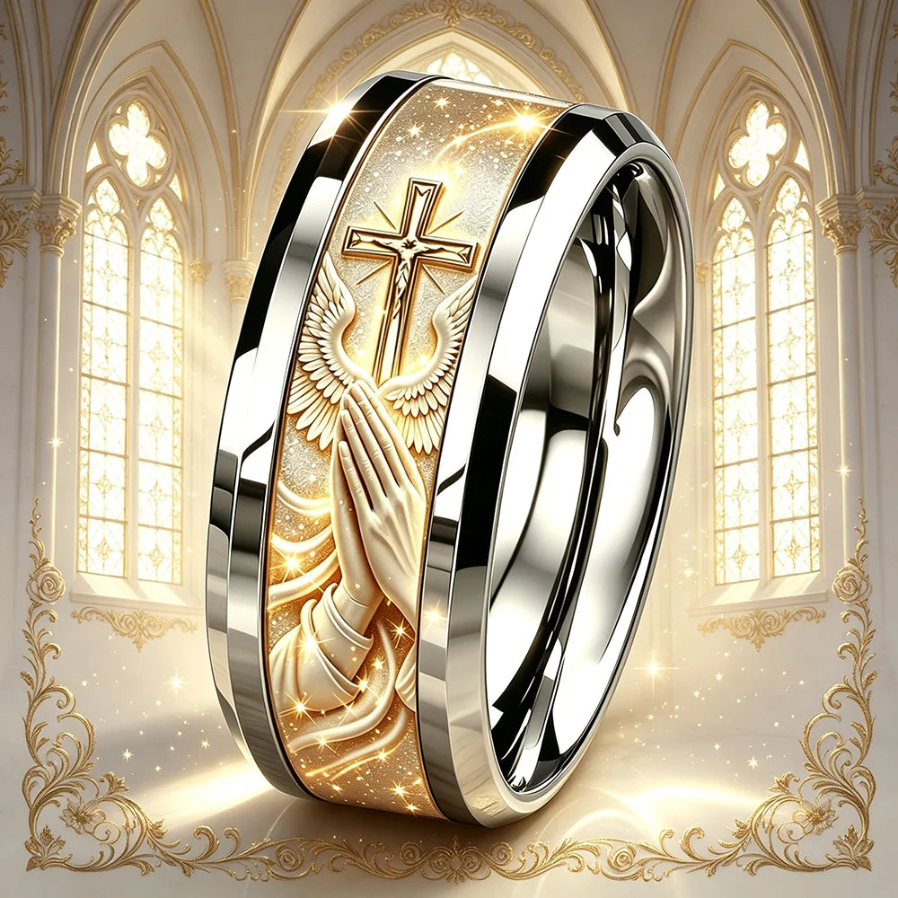 Anillo de Acero Inoxidable para Hombre con Cruz, Alas de Ángel y Oración del Señor.