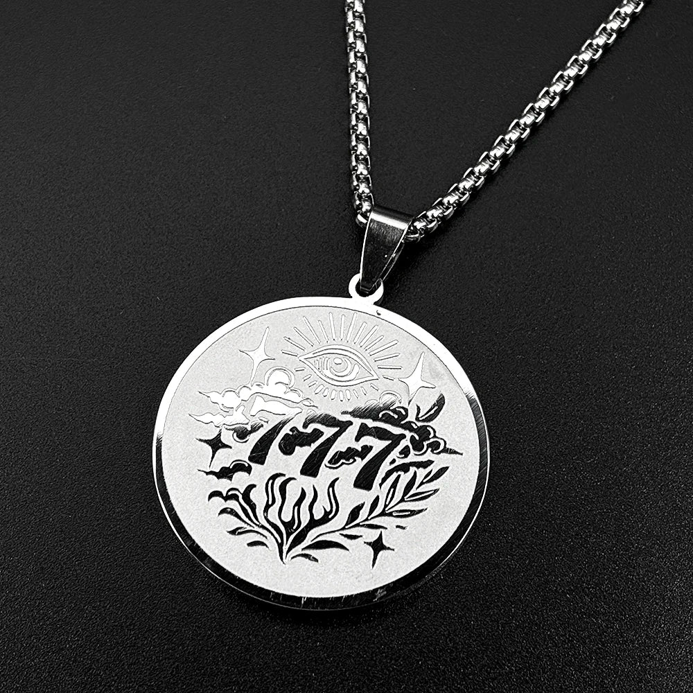 Collar con Colgante de Medalla Redonda con Número de la Fortuna 777