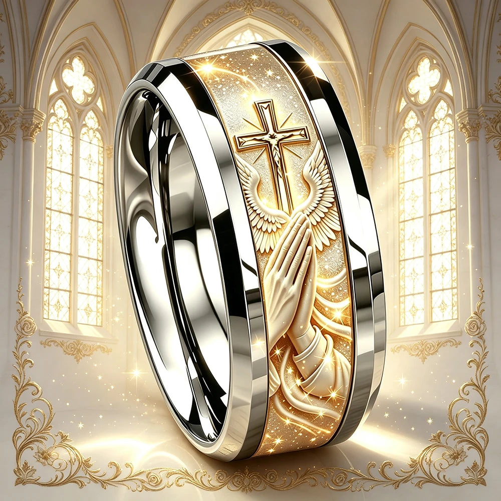 Anillo de Acero Inoxidable para Hombre con Cruz, Alas de Ángel y Oración del Señor.