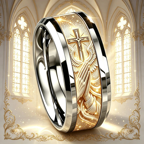 Anillo de Acero Inoxidable para Hombre con Cruz, Alas de Ángel y Oración del Señor.