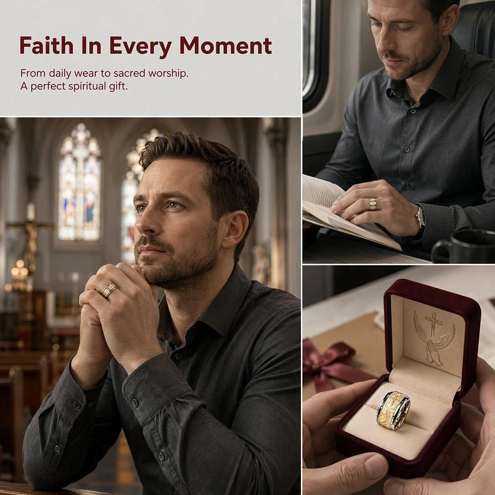 Anillo de Acero Inoxidable para Hombre con Cruz, Alas de Ángel y Oración del Señor.