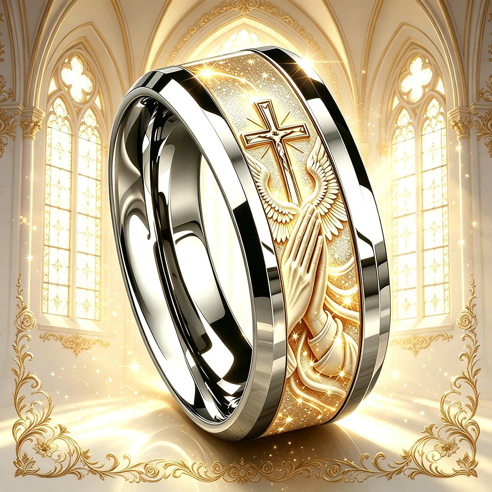 Anillo de Acero Inoxidable para Hombre con Cruz, Alas de Ángel y Oración del Señor.