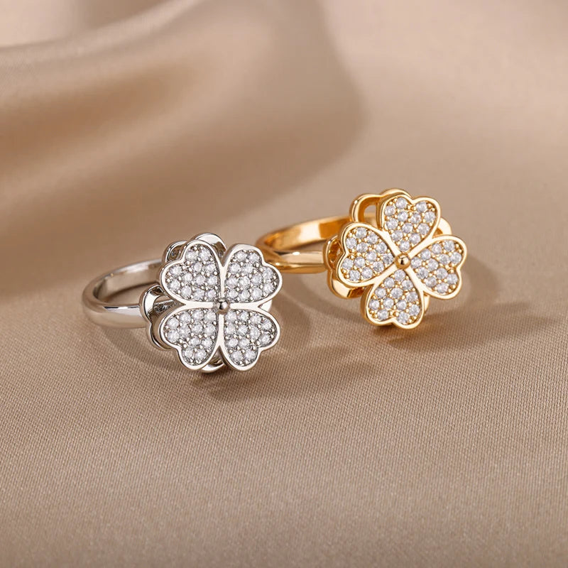Anillo Giratorio Antiestrés "Lucky Flower" (Acero Inoxidable)