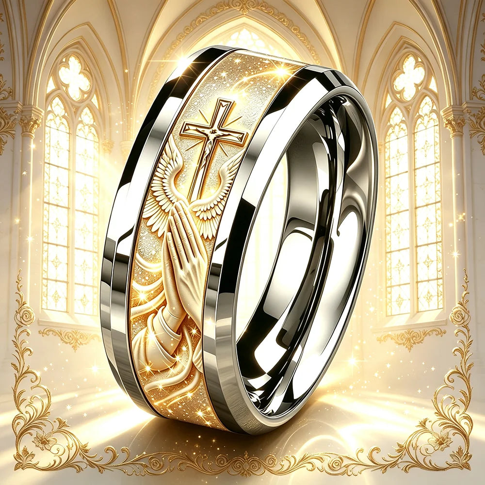 Anillo de Acero Inoxidable para Hombre con Cruz, Alas de Ángel y Oración del Señor.