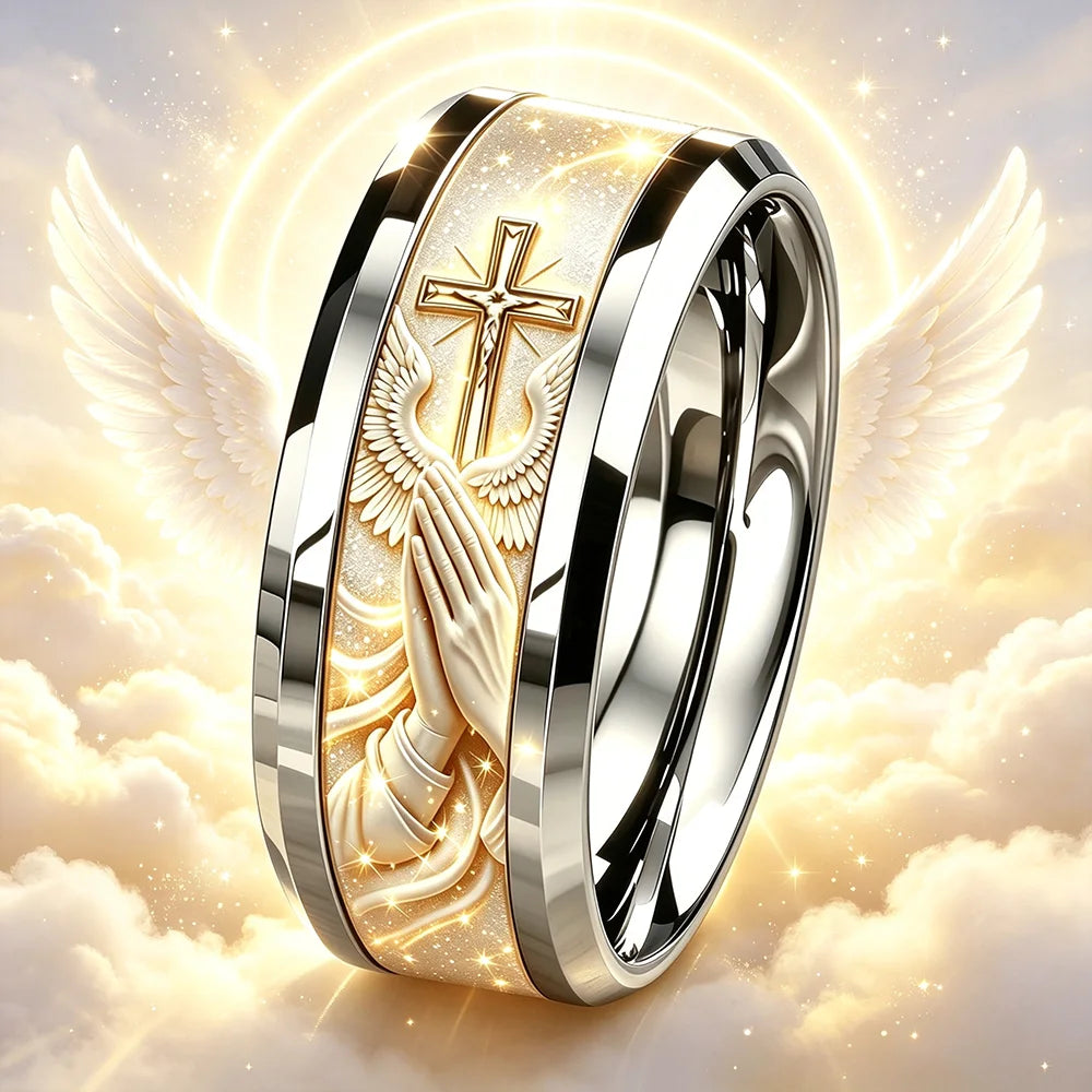 Anillo de Acero Inoxidable para Hombre con Cruz, Alas de Ángel y Oración del Señor.